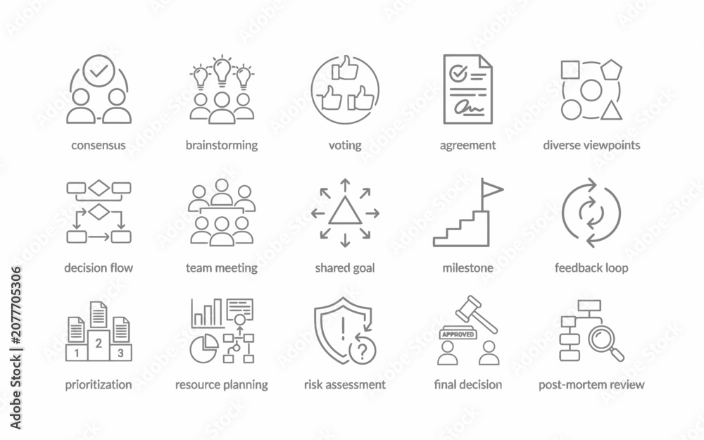 Fototapeta premium Business process management workflow icons set for teamwork and communication tools