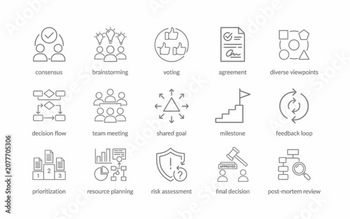 Business process management workflow icons set for teamwork and communication tools
