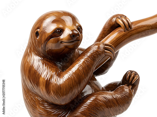 Polished Wooden Sloth Figurine Climbing a Branch on White Background
