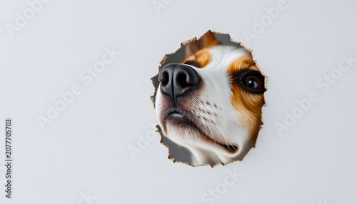 The nose of a Jack Russell Terrier dog sticks out through a gray cardboard background. Copy space. Vertical photo, Colored gel lighting. White tone