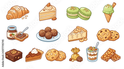 A delightful assortment of sweet treats, including croissants, cakes, macarons, ice cream, cookies, pies, chocolates, and granola bars, perfect for a bakery or dessert shop.