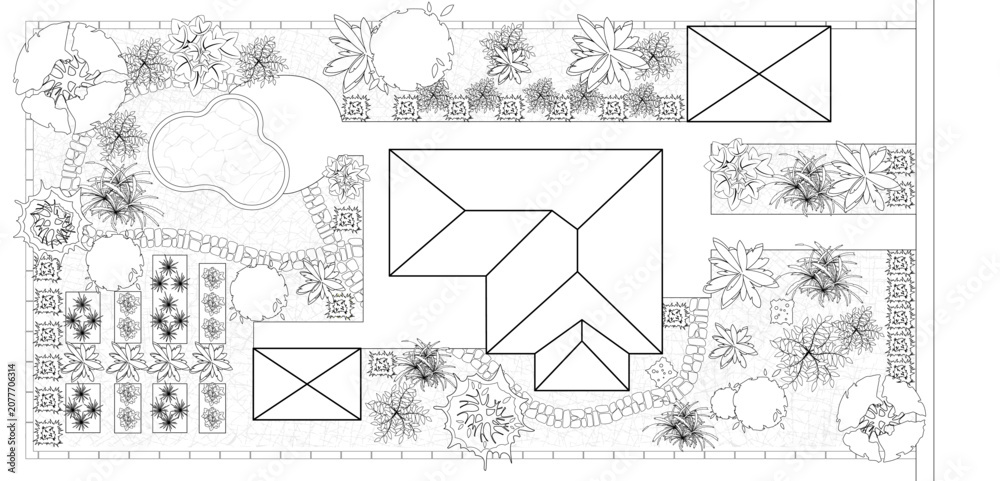 Obraz premium Top view landscape design plan with house, courtyard, lawn. Black and white highly detailed plan of country with modern cottage, villa with garden. Vector blueprint Cityscape, Map of town, village