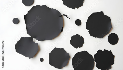 set of torn and ripped paper circles, round shapes with jagged edges from black paper in Y2K retro style, png isolated cardboard pieces on transparent background, blurry foreground. White tone