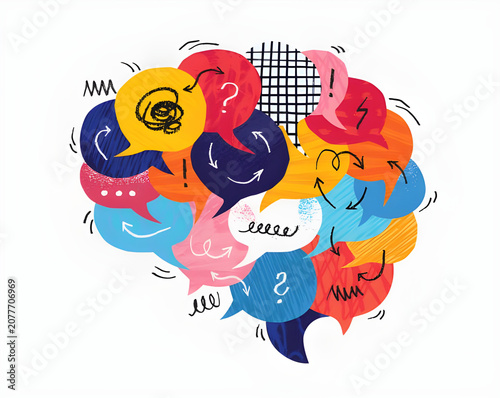 Brain storming concept with colorful speech bubbles and doodles isolated on white background