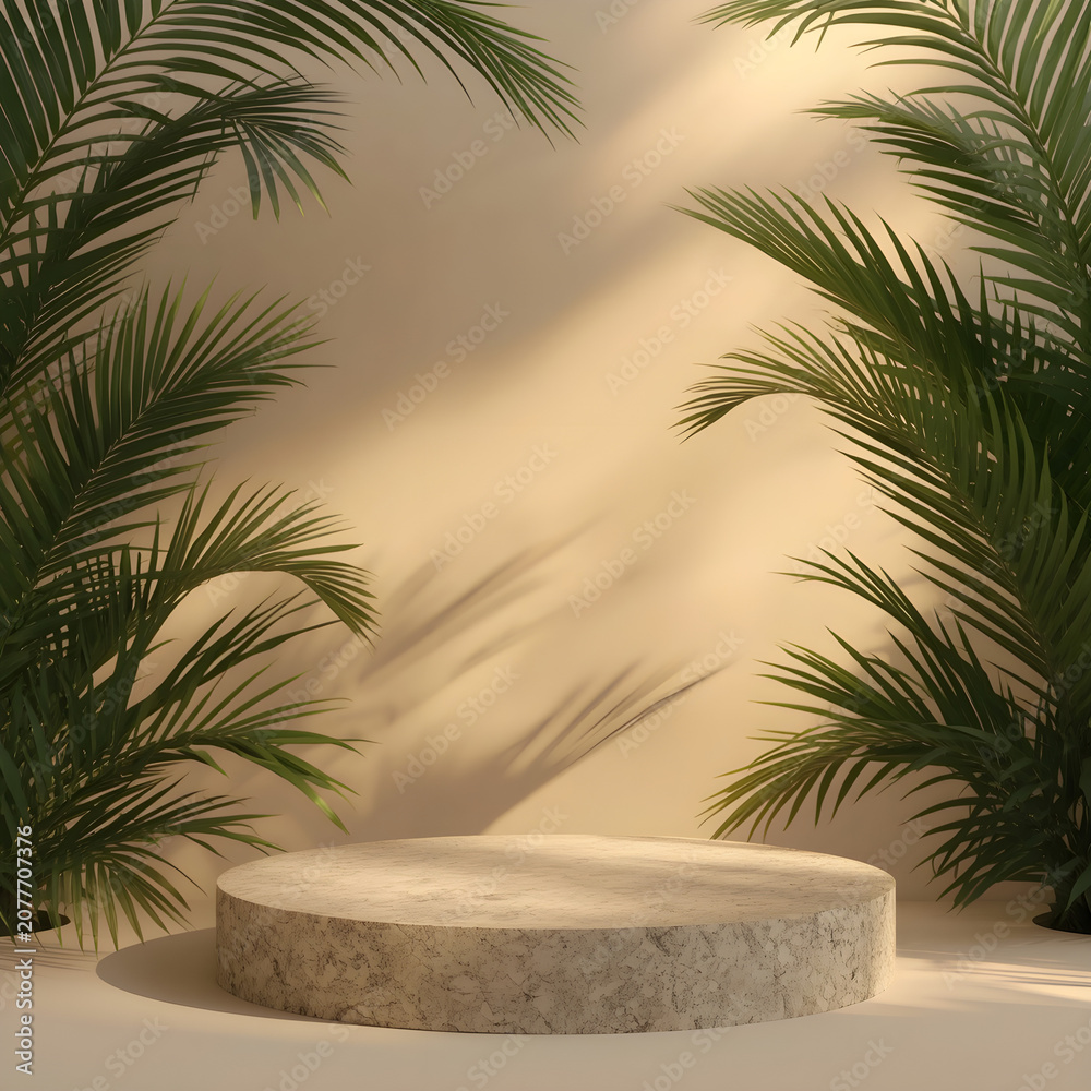 Fototapeta premium Luxury Tropical Stone Podium with Palm Leaves for Summer Product Display