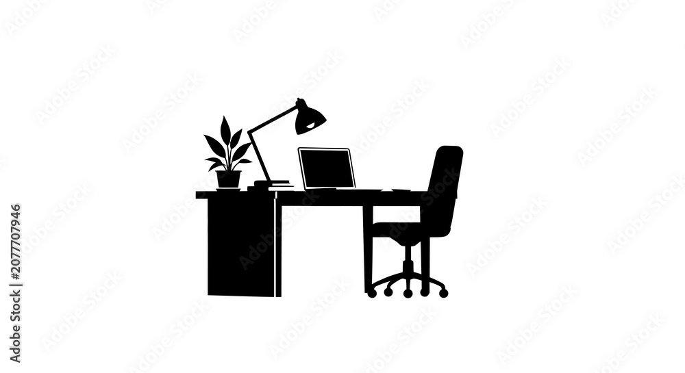 Fototapeta premium Office Desk With Laptop And Chair Silhouette