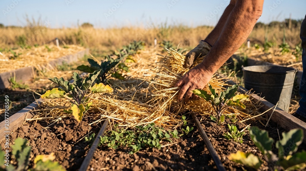 Fototapeta premium Hands Spreading Mulch Across Dry Farm Bed With Hardy Young Crops