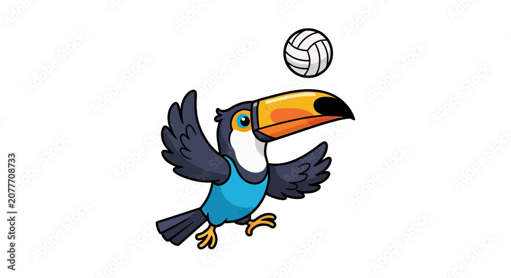 Fototapeta premium Colorful toucan bird playing volleyball in the air.