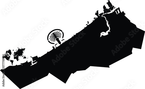 Obraz na płótnie Black silhouette map of Dubai city coastline featuring Palm Jumeirah and World I