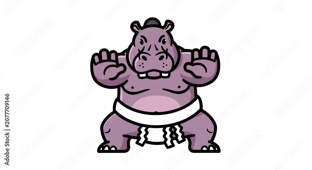 Naklejka premium Purple hippo character dressed as a sumo wrestler.