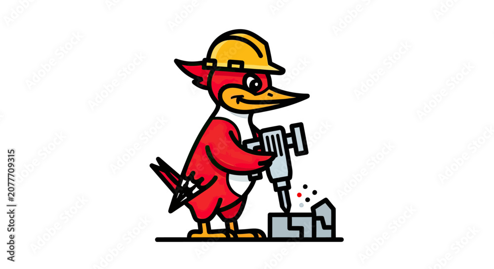 Fototapeta premium Woodpecker wearing a hard hat using a jackhammer.
