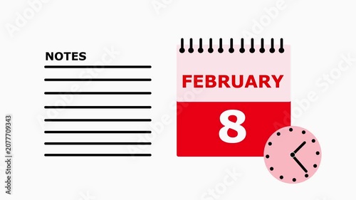 February 8th calendar page with notes section on white background date month.