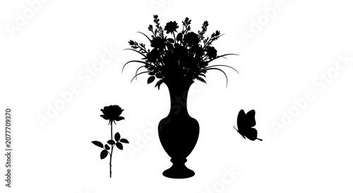 Floral arrangement with vase and butterfly black silhouette