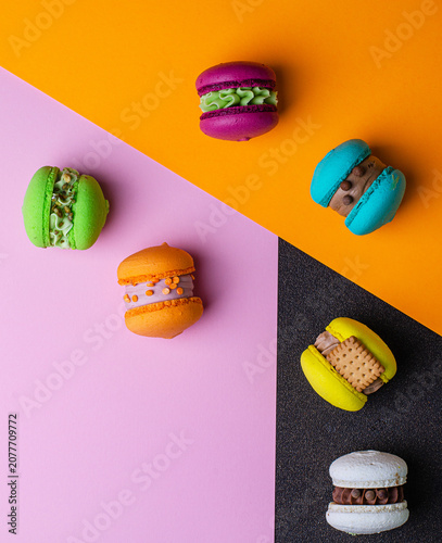colorful macaroons, colored macaroons on a colored background, macaroons, dessert, French dessert, pastries
