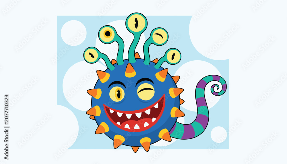 Fototapeta premium Playful blue monster with multiple eyes and long striped tail winks while standing against soft blue background.