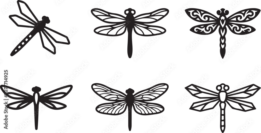 Fototapeta premium Black and white stylized dragonfly vector illustrations set Vector