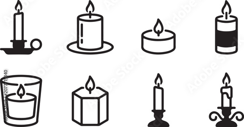Canvas Print Set of eight different style candles with lit wicks in minimalist black and whit