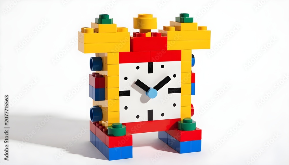 Fototapeta premium Colorful LEGO-Style Alarm Clock Made of Bright Block Pieces on White Background