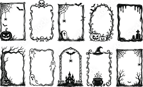 Hand Drawn Halloween Frames Collection Isolated on White Background