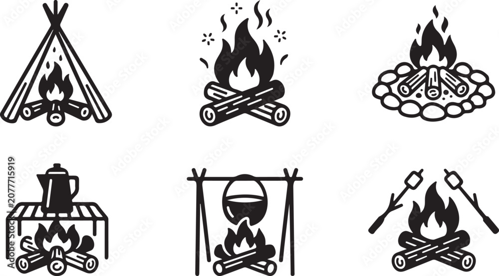Fototapeta premium Six camping fire icons with different setups and tools Vector