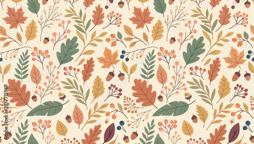 Bild auf Leinwand Seamless Autumn Botanical Pattern with Fall Leaves Acorns and Berry Branches