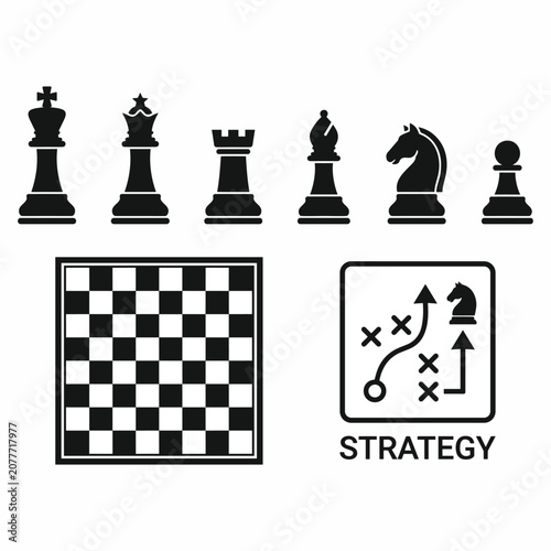Schilderij op canvas Collection of black chess pieces, a chessboard, and a strategy icon, representing the game of chess and strategic thinking