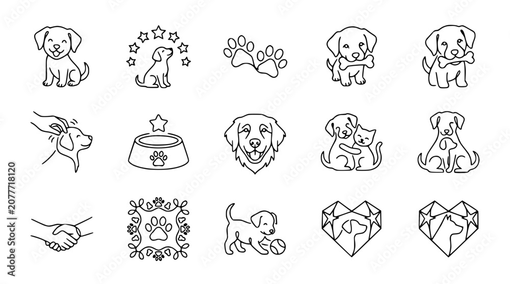 Obraz premium Cute Dog and Cat Icons: Line Art Collection for Pet Lovers