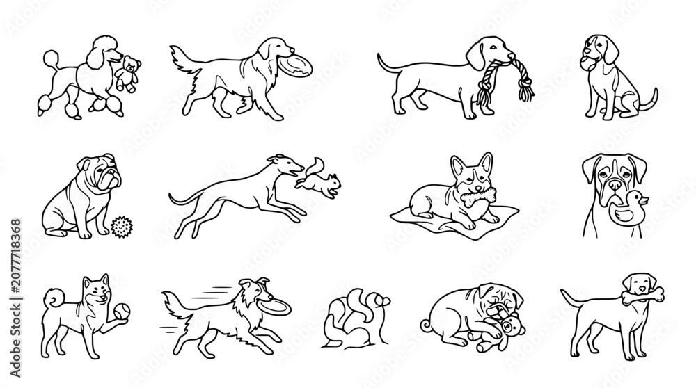 Obraz premium Collection of Cute Dog Breeds Line Art Icons, Playing with Toys
