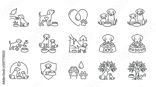Dog care line icons set. Vector illustration of pets, grooming, adoption, and love.