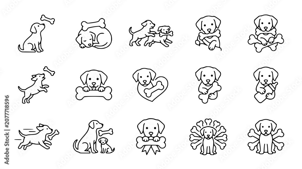 Obraz premium Cute Dog Icons: Playful Puppies with Bones and Toys - Line Art Collection