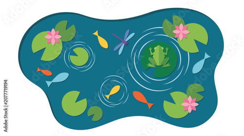 Pond, aquatic life, vector illustration, lily pads, fish, frog