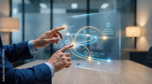 ISO standards roadmap presented by professional businessman hands with glowing holographic certification timeline showing completed audit milestones and compliance progress in luxury corporate office
