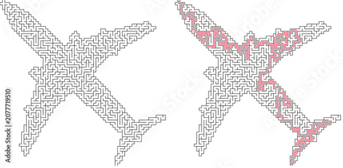 Aircraft shaped maze with solution. Simple black and white vector labyrinth puzzle, fun logic game for children and adults