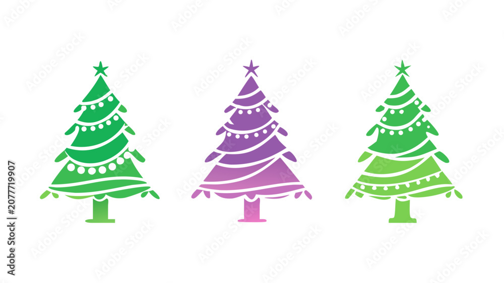 Fototapeta premium Three Christmas Trees Flat Vector Illustration On Black Background