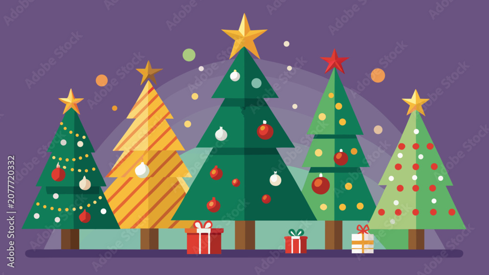 Obraz premium Christmas Trees And Gifts A Colorful Vector Illustration
