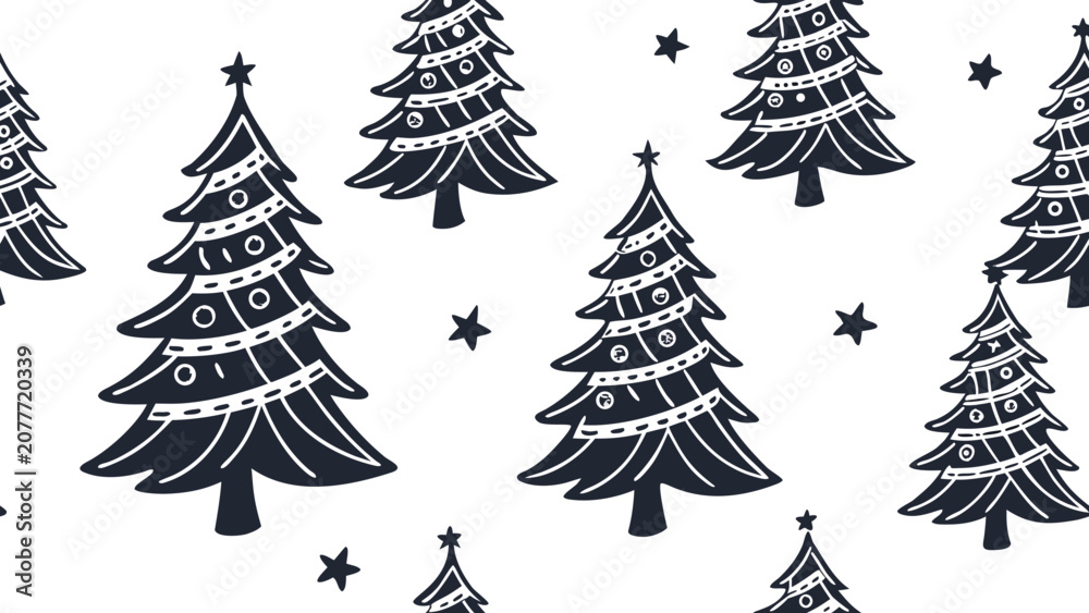 Obraz premium Christmas tree pattern with ornaments black and white vector illustration