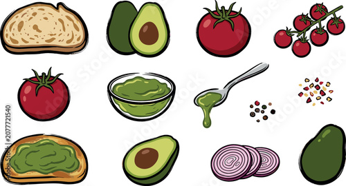 Foto Fresh avocado toast vector icon set featuring hand drawn bread slices guacamole