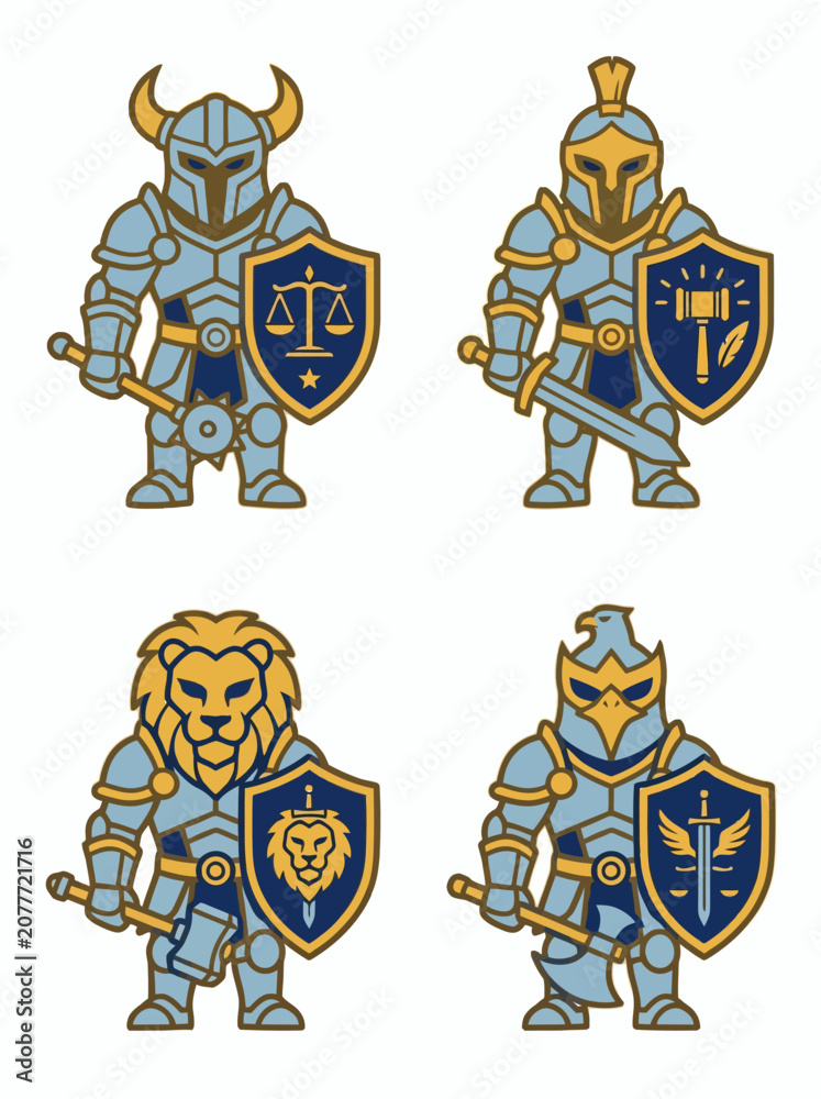 Obraz premium Fantasy Knight Mascot Logo Set with Golden Armor and Shield
