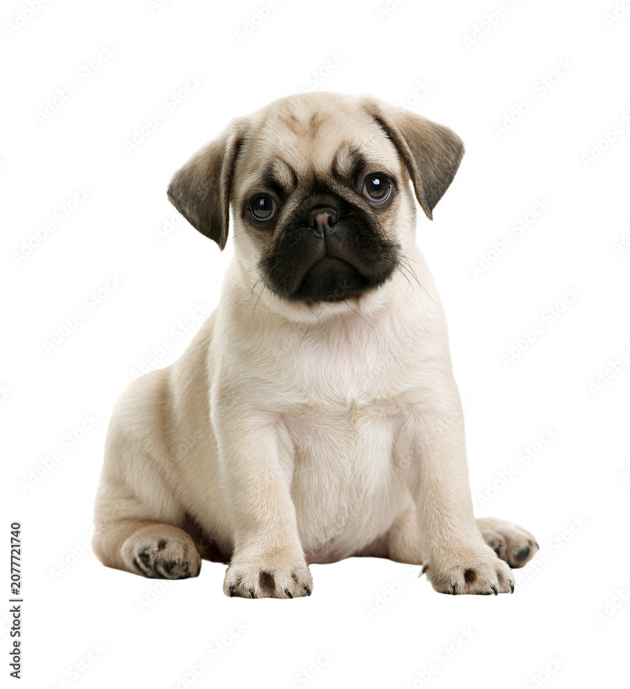 Obraz premium Cute pug puppy sitting and looking at the camera isolated on transparent background