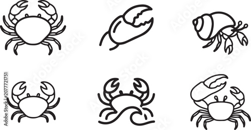 Tableau sur toile Black and white line drawing of six different sea creatures and crustaceans Vect