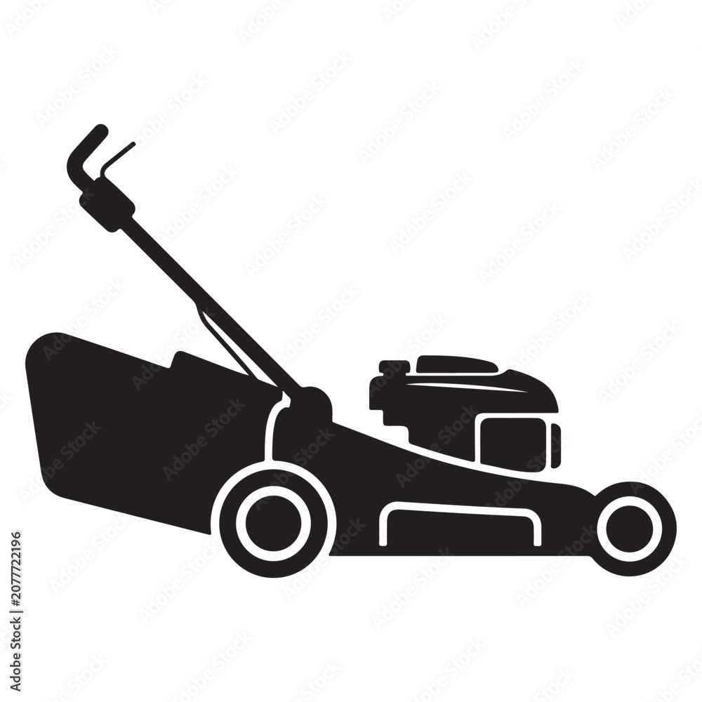 Fototapeta premium Black push lawnmower silhouette icon for landscaping, gardening, and yard maintenance