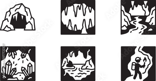 Bild auf Leinwand Set of six black and white cave and underground exploration icons Vector