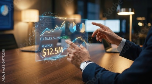Sales Performance Dashboard with Glowing Quarterly Revenue Analytics, Professional Hands Interacting with Holographic Business Metrics in Luxury Minimalist Corporate Office with Warm Golden Light