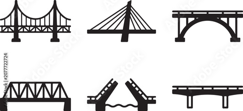 Quadro su tela Six different types of bridge designs in black and white vector style Vector