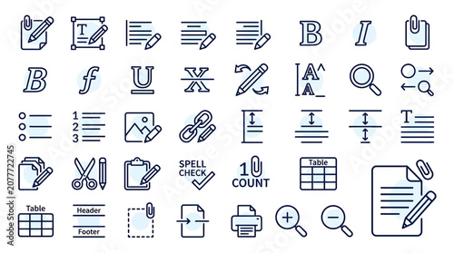 Fotografie Document Editing Icons Set: Text Formatting, Writing, Layout, and Design Tools