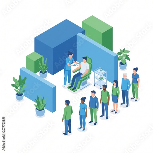 Isometric Vaccination Clinic Nurse Injection Queue Scene Illustration