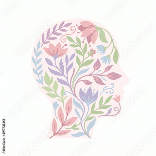 Mental Health Awareness Head Botanical Flower Flat Illustration