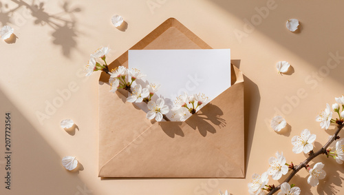 Spring blossoms and blank card in brown envelope, elegant greeting concept