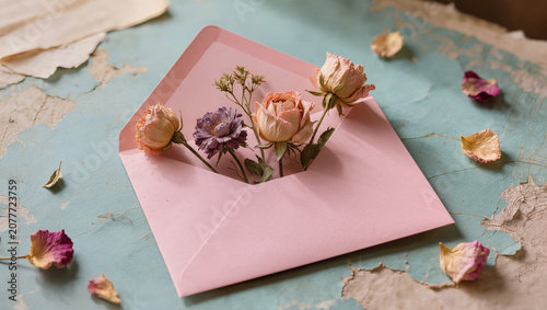 Vintage Pink Envelope with Dried Roses on Rustic Blue Background