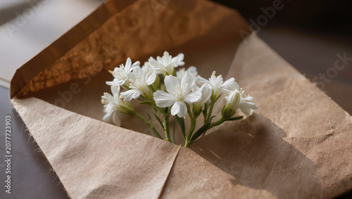 White Delicate Flowers Nestled in Brown Craft Paper Envelope
